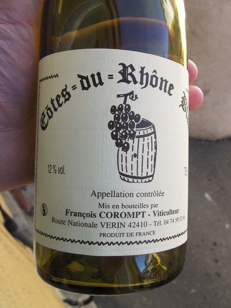 A label from a simple Cotes-du-Rhone. This is unusual because i was made by a (very) small-scale producer based in the northern Rhone when almost all CdR comes from the southern sector.